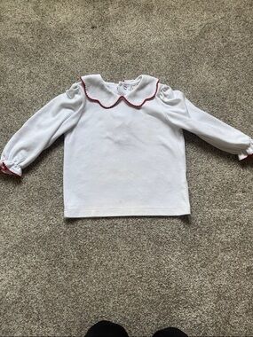 Classic White Long-Sleeve Kids Top with Red Trim Collar
